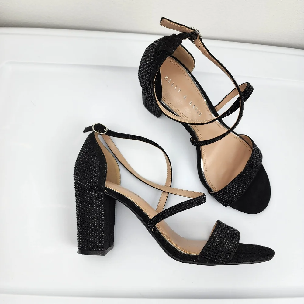 Kelly & Katie Paloona Rhinestones Block Heels Sandals Strappy Pumps Black 9M - Picture 12 of 12
